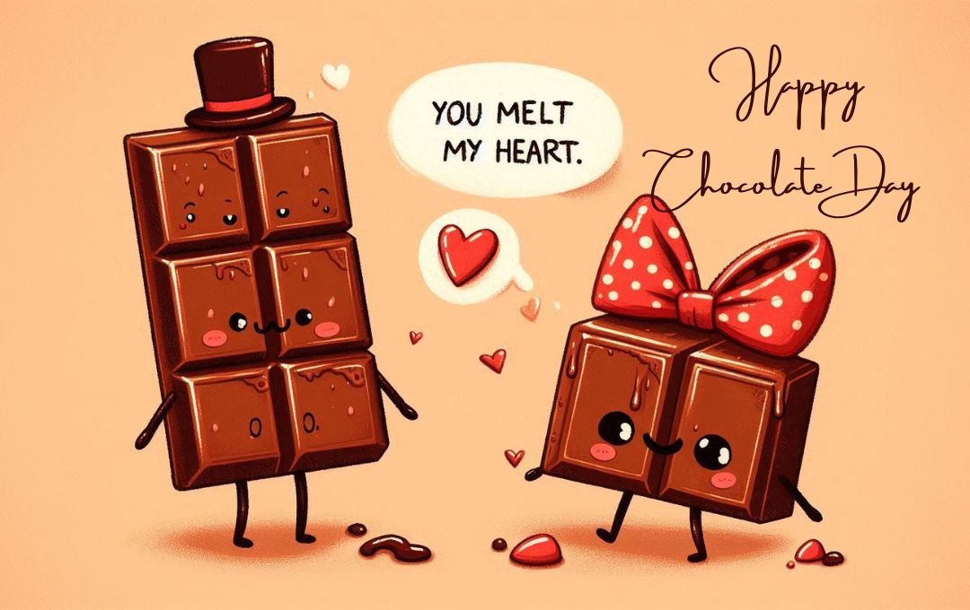 "Two cute cartoon chocolate bars with a hat and bow express love, saying 'You melt my heart,' celebrating Happy Chocolate Day."