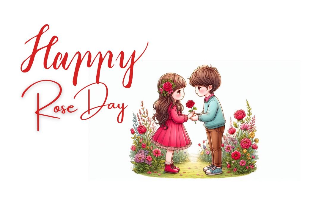 A cute illustration of a boy giving a red rose to a girl in a flower garden with "Happy Rose Day" text.