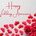 Happy Wedding Anniversary text in elegant red calligraphy on a textured white background, surrounded by red hearts and roses for a romantic and celebratory vibe