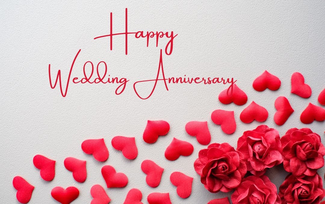 Happy Wedding Anniversary text in elegant red calligraphy on a textured white background, surrounded by red hearts and roses for a romantic and celebratory vibe