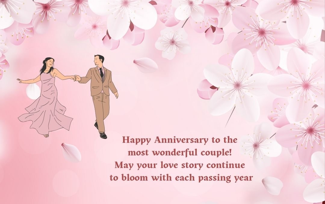 Illustration of a couple dancing with pink cherry blossoms and anniversary wishes in elegant text.