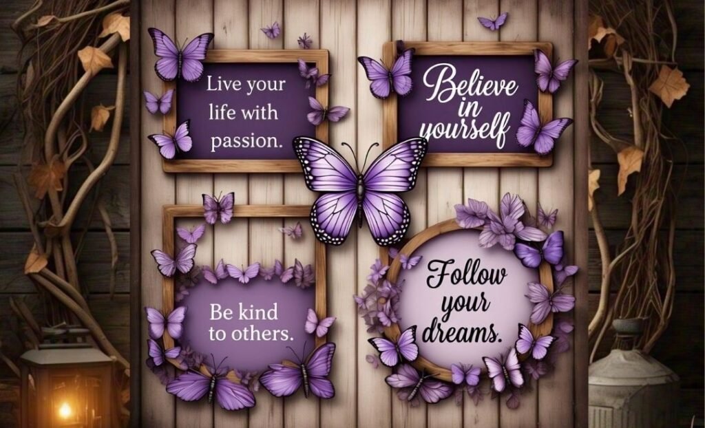 A wooden background with framed inspirational quotes surrounded by purple butterflies.