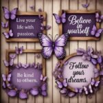 A wooden background with framed inspirational quotes surrounded by purple butterflies.