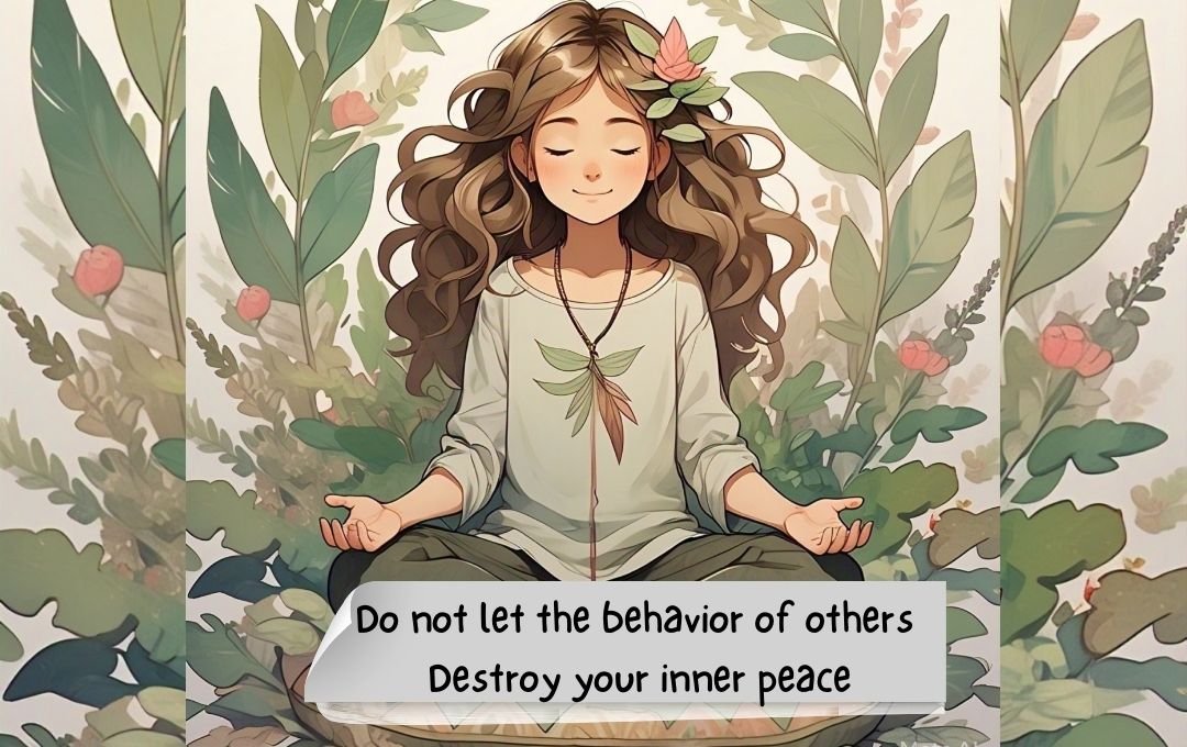 A peaceful girl meditating in nature with a quote about protecting inner peace.