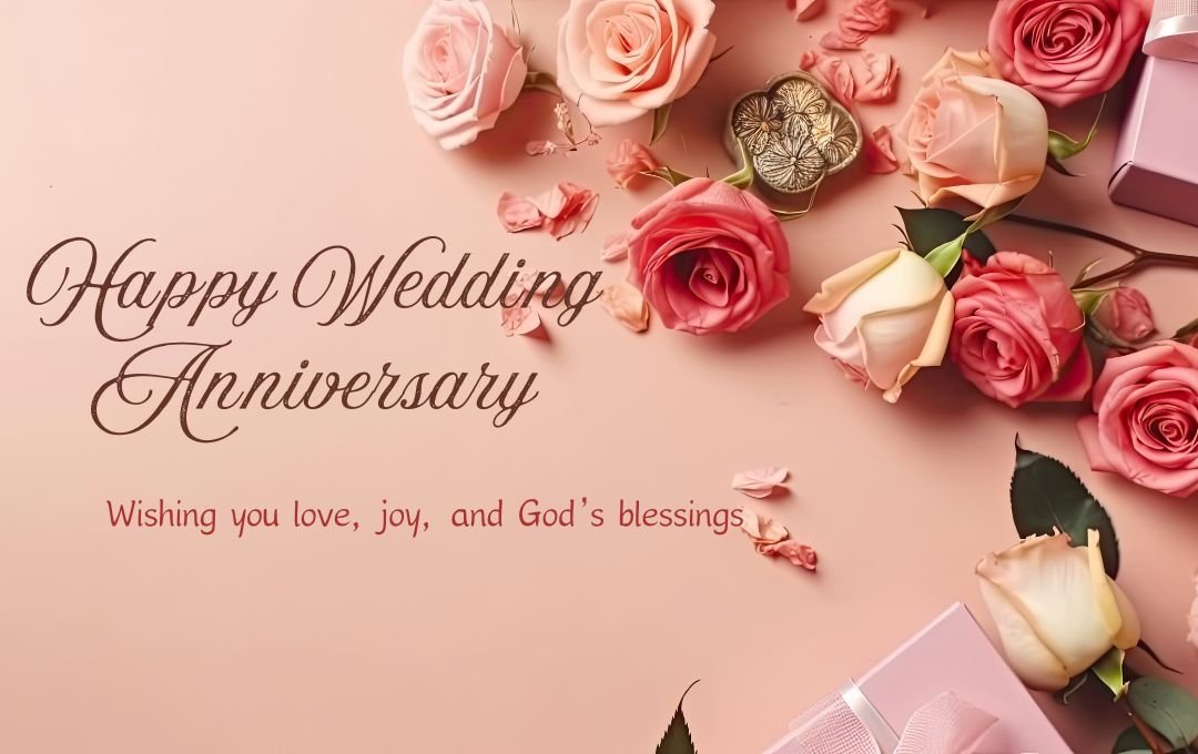 Soft pink background with roses, gift boxes, and the text "Happy Wedding Anniversary - Wishing you love, joy, and God's blessings.